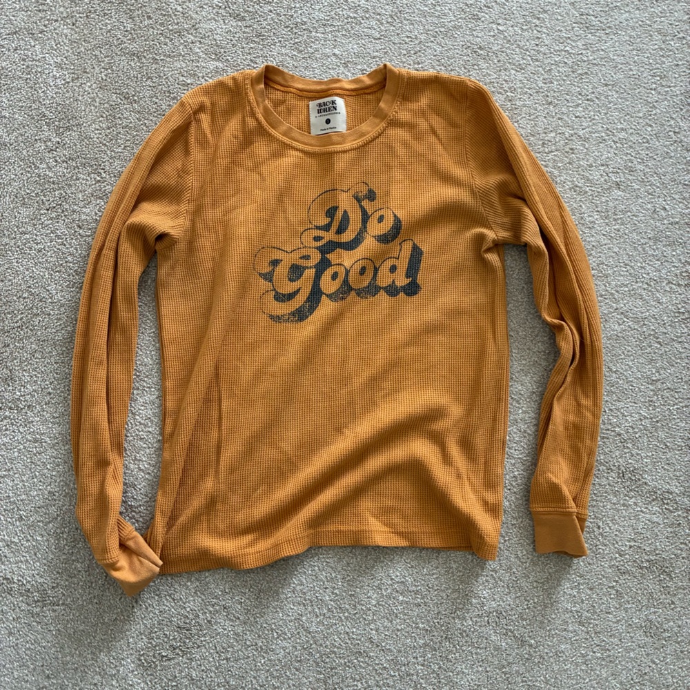 Anthropologie Gold Long Sleeve Shirt with 'Do Good'